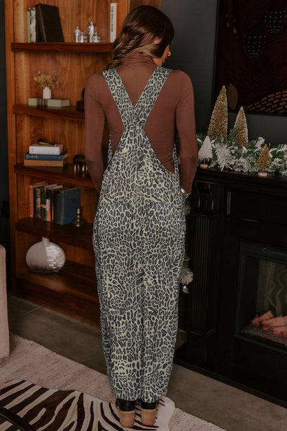 Brown Leopard Print Straight Leg Loose Denim Overall Jumpsuit