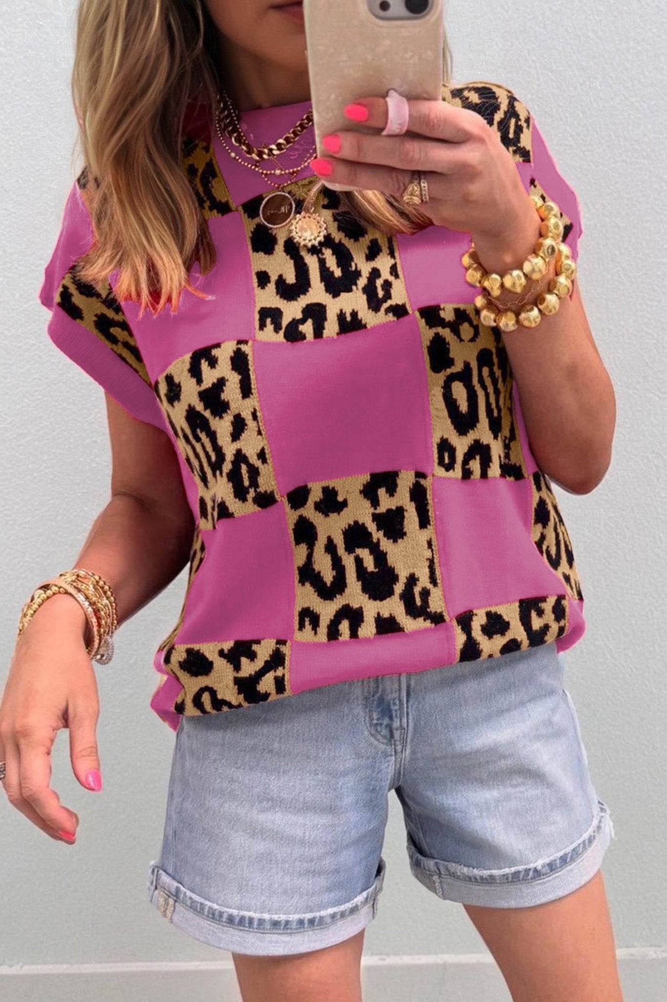 Rose Red Leopard Checkerboard Short Sleeve Knit Sweater - Loving It Shop