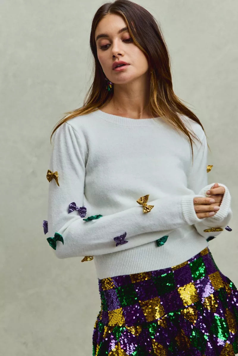 Mardi Gras Glitter Bow Ribbon Sweater Knit Top