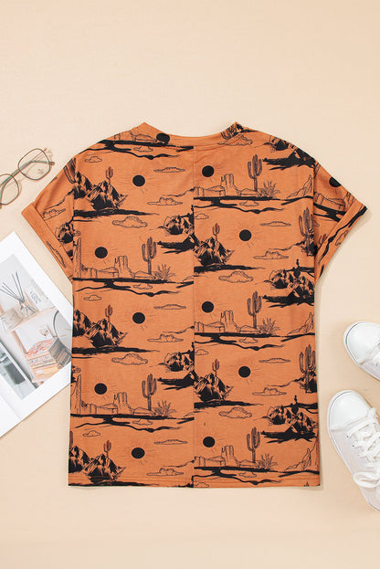 Chestnut Desert Sand Print Short Sleeve Knit Top
