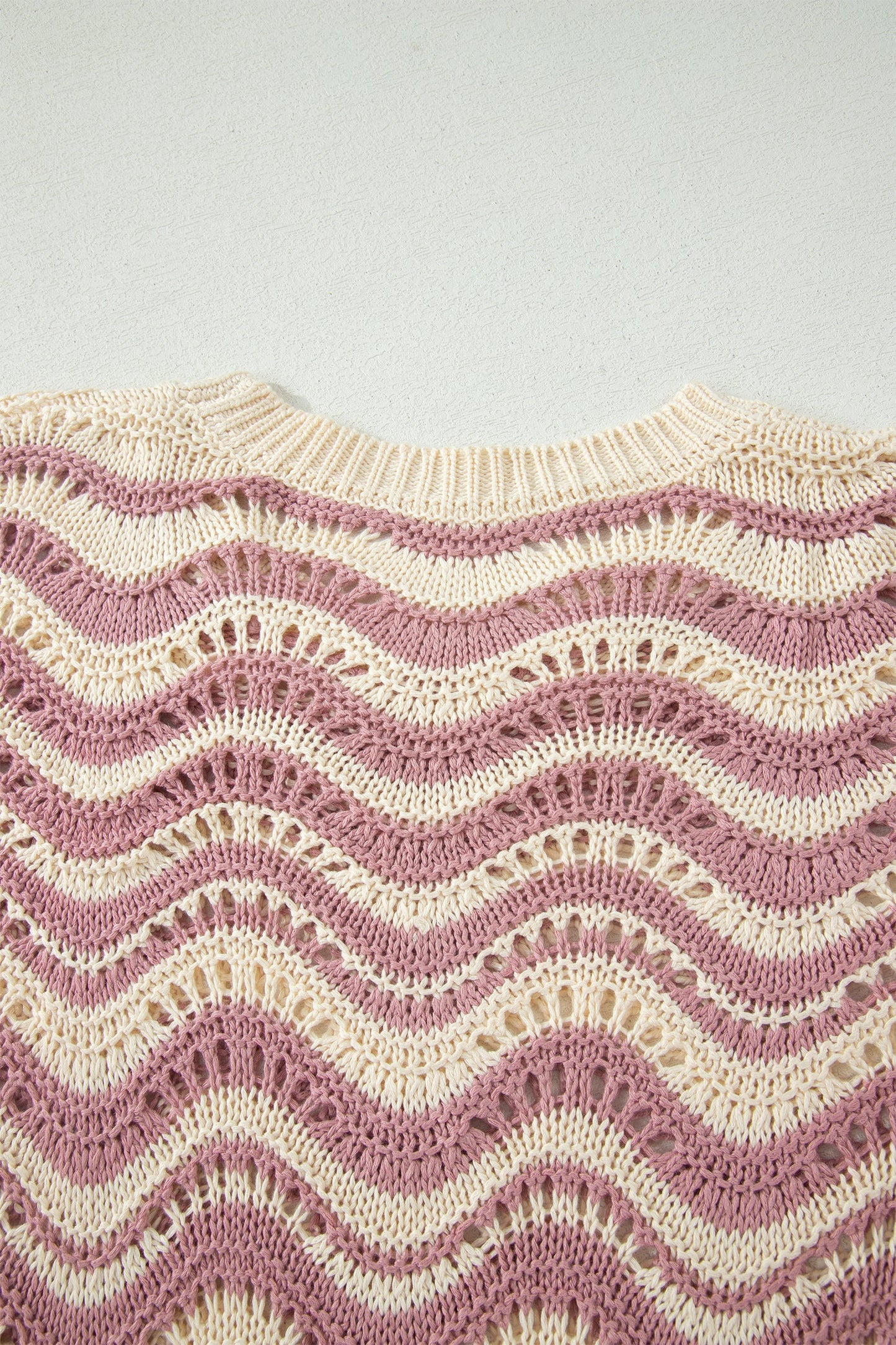 Beige Stripe Wavy Crochet Eyelet Detail Ruffle Half Sleeve Sweater