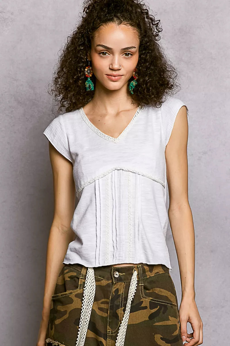 V-Neck Lightweight Textured Short Sleeve Knit Top with Lace Trim