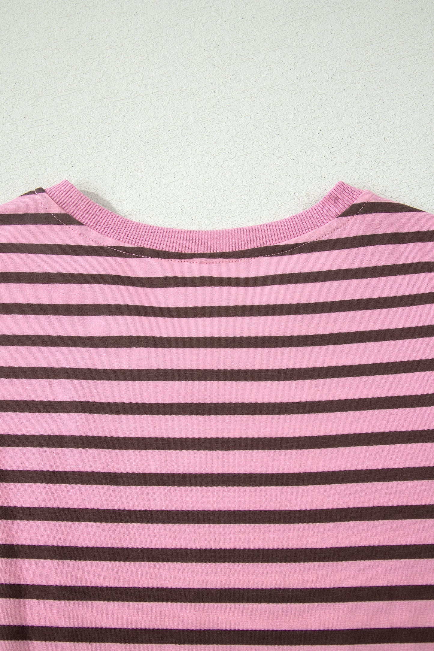 Rose Stripe Striped V-Neck Ribbed Collar Cuff Gathering Puff Sleeve Top