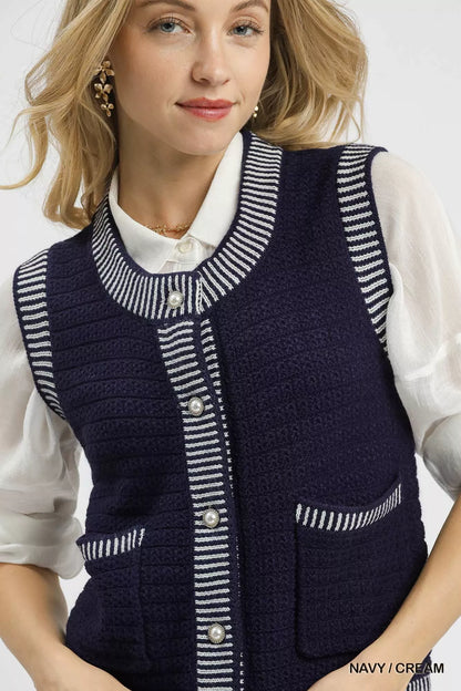 Contrast Striped Trim Button-Down Sweater Vest
