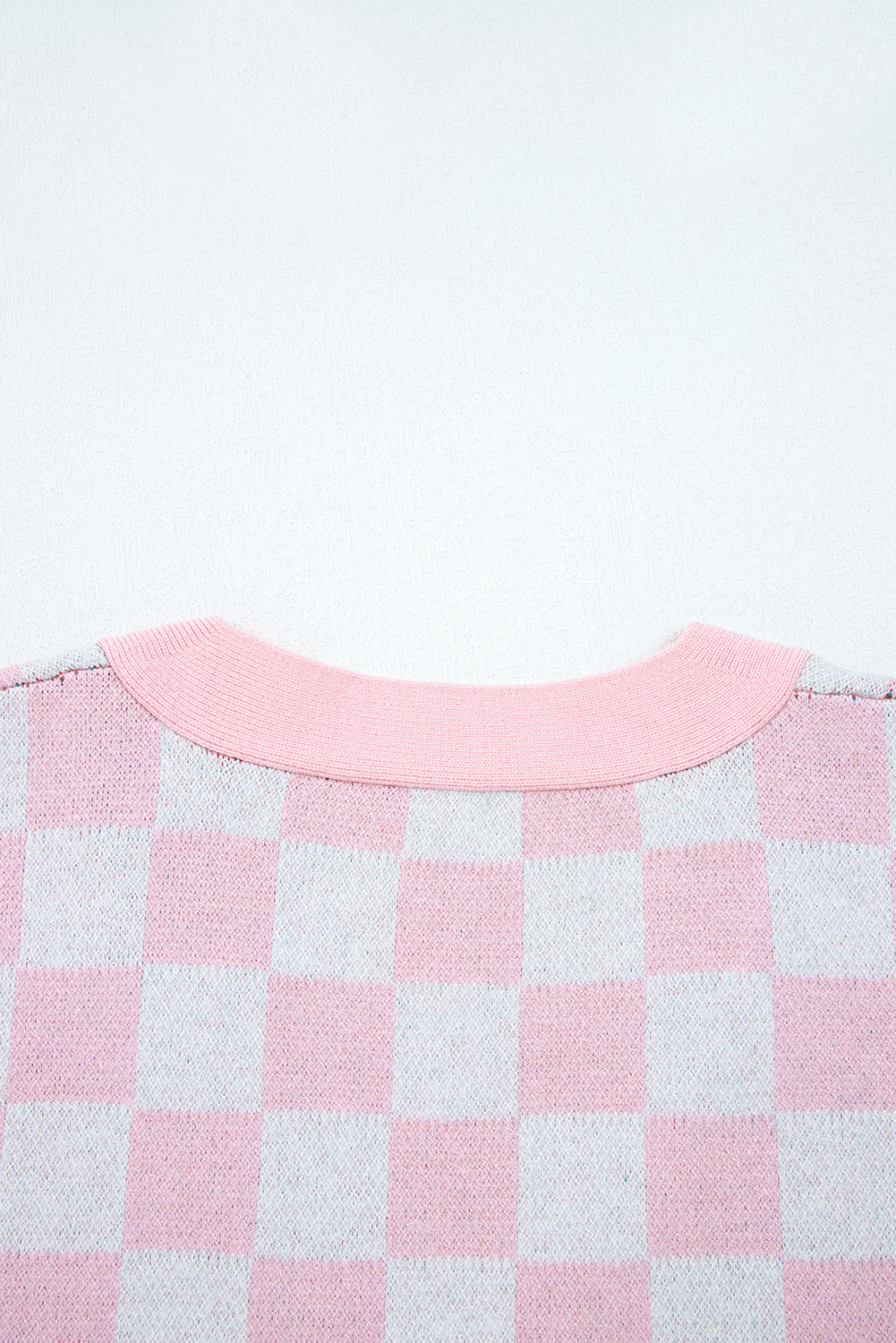 Pink Checkered Christmas Tree Pattern Button V Neck Cardigan Sweater