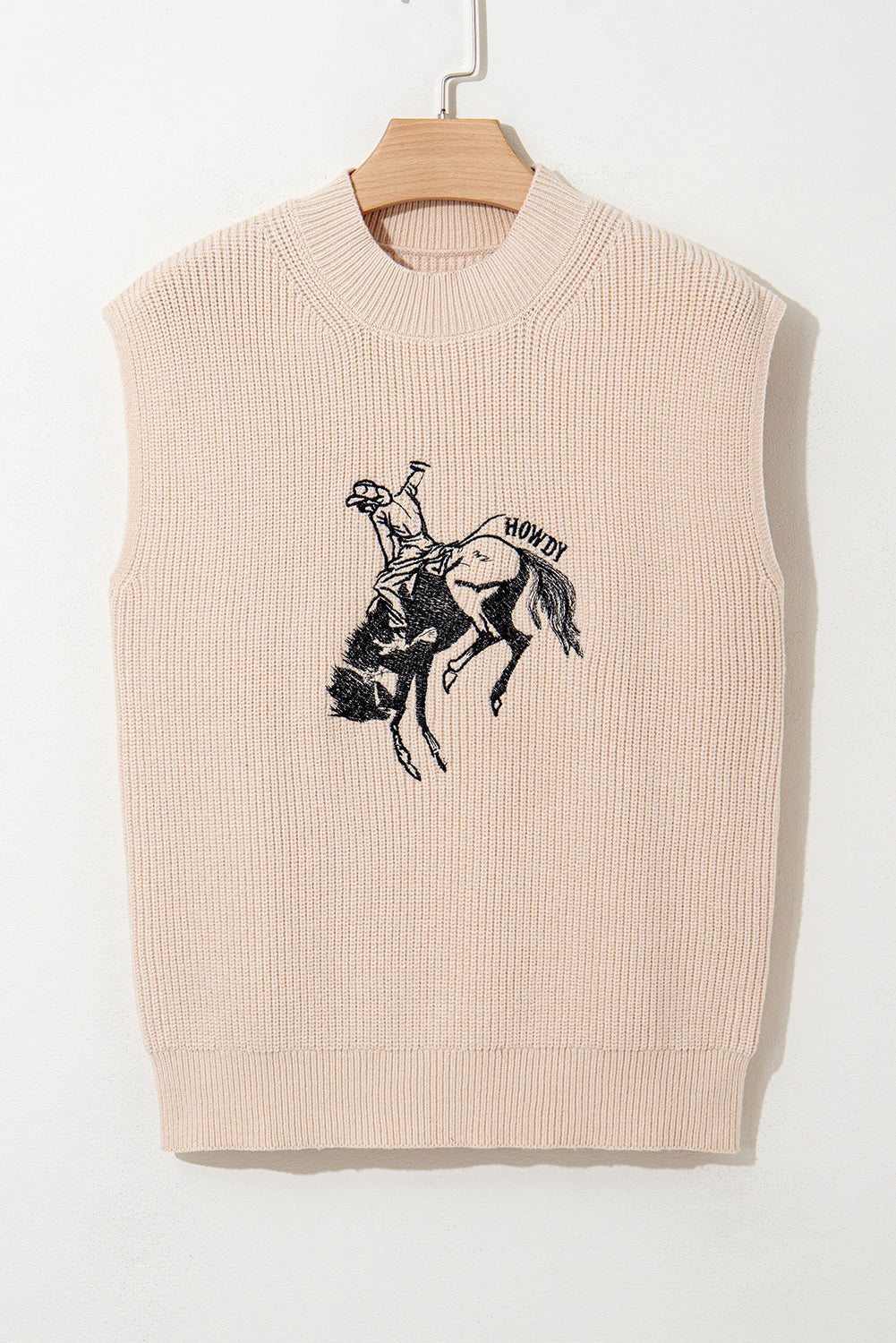 Oatmeal HOWDY Rodeo Cowboy Graphic High Neck Short Sleeve Sweater