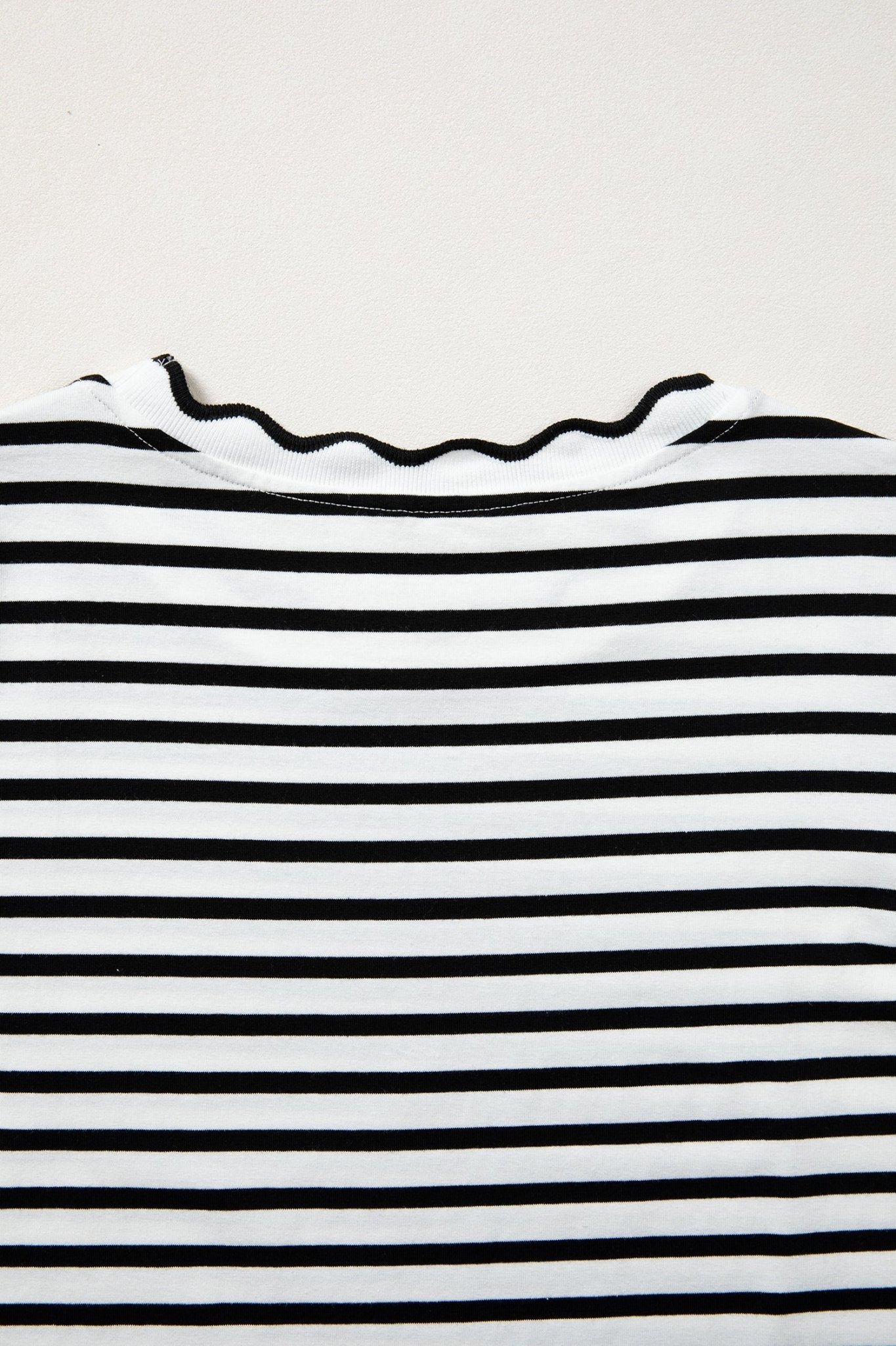 Black Stripe Scalloped Trim Round Neck T Shirt - Loving It Shop
