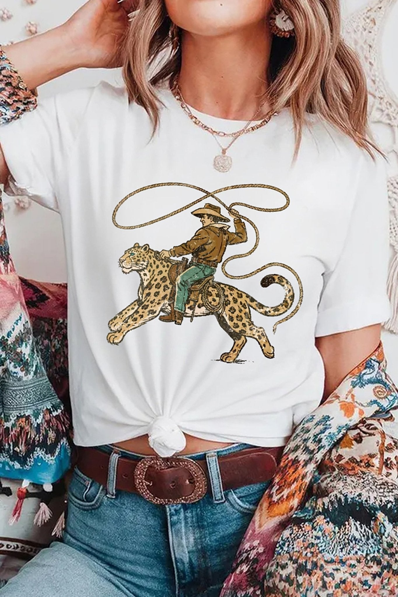 White Leopard Rodeo Cowboy Graphic Casual Tee - Loving It Shop
