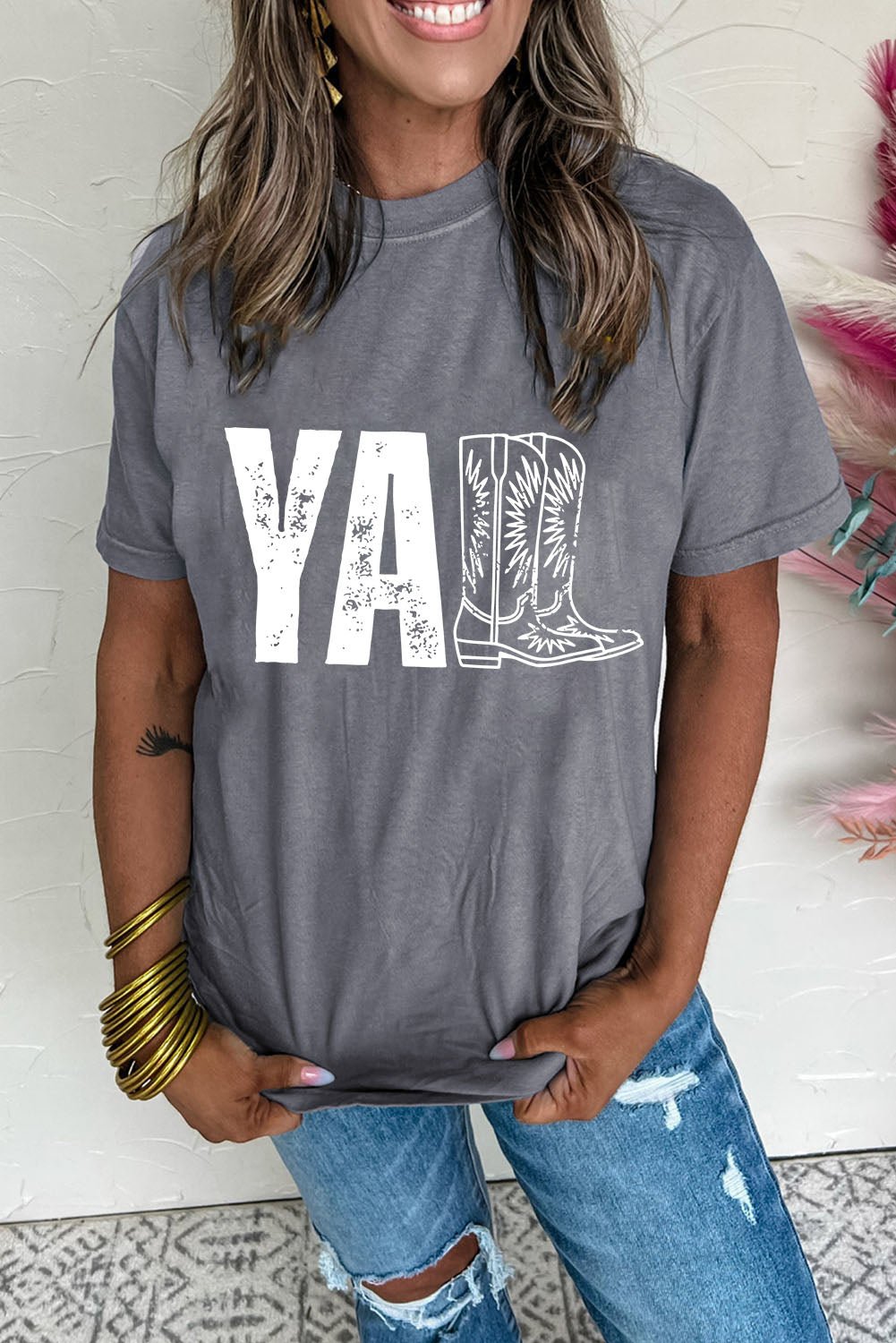 Gray YALL Western Boots Printed Tee - Loving It Shop