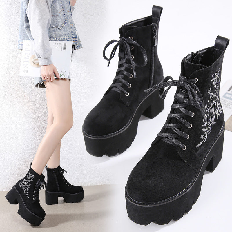 Winter European And American Embroidered Thick-Heel Martin Women&