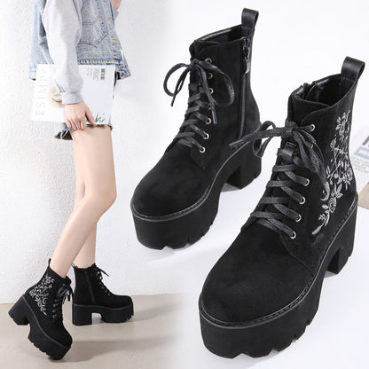 Winter European And American Embroidered Thick-Heel Martin Women&