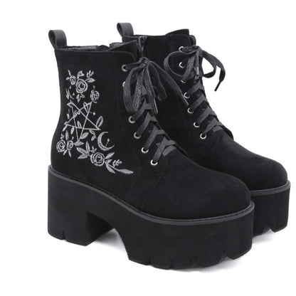 Winter European And American Embroidered Thick-Heel Martin Women&