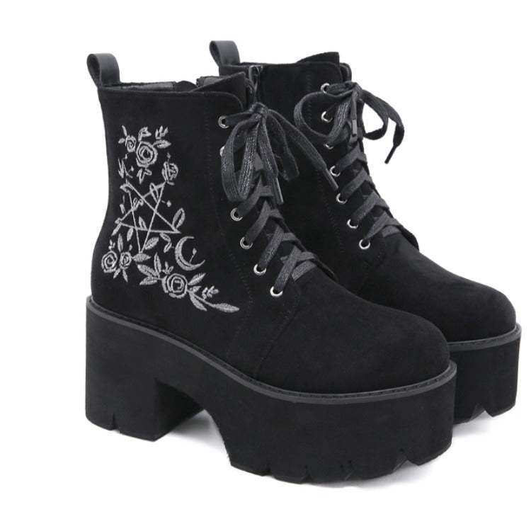 Winter European And American Embroidered Thick-Heel Martin Women&