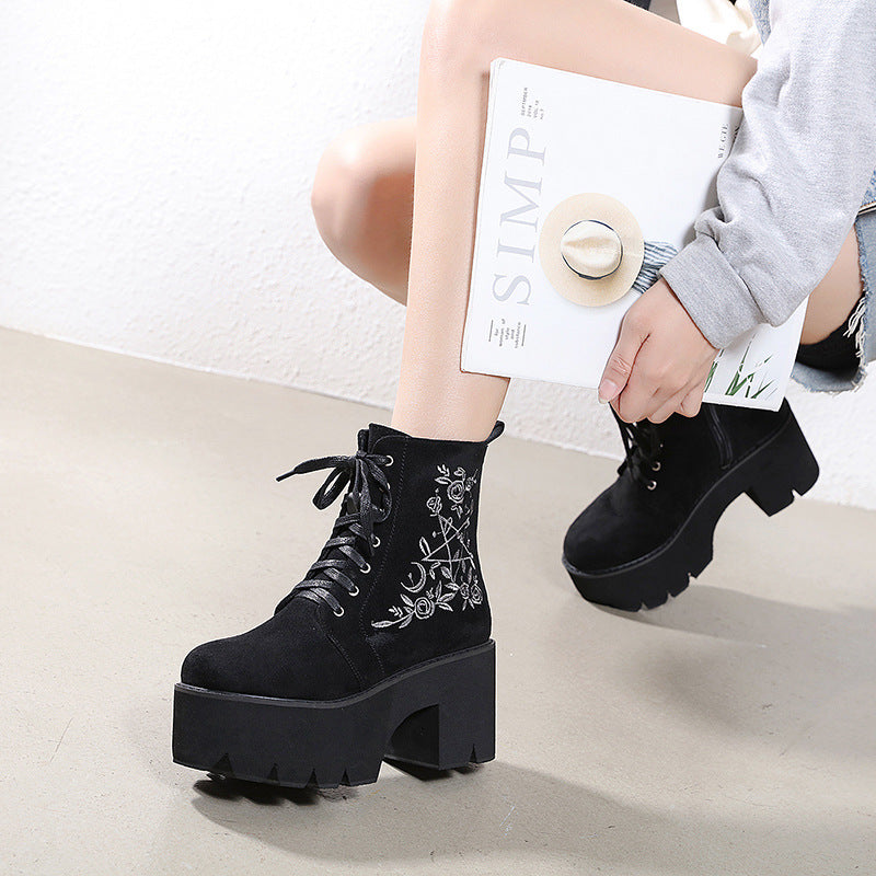 Winter European And American Embroidered Thick-Heel Martin Women&