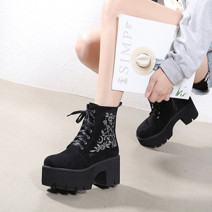 Winter European And American Embroidered Thick-Heel Martin Women&
