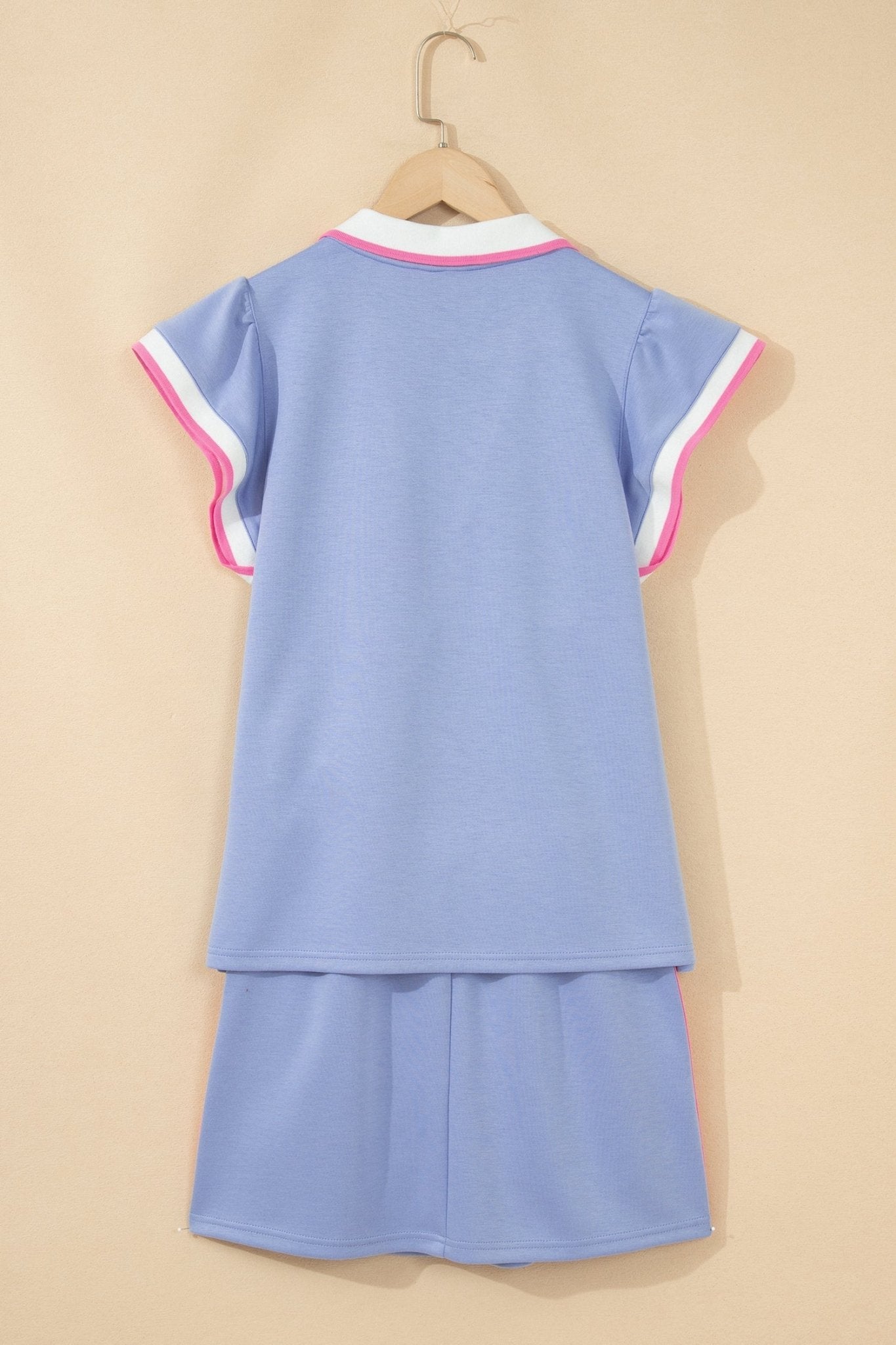 Sky Blue Preppy Striped Trim V Neck Polo Tee Drawstring Skirt Set - Loving It Shop