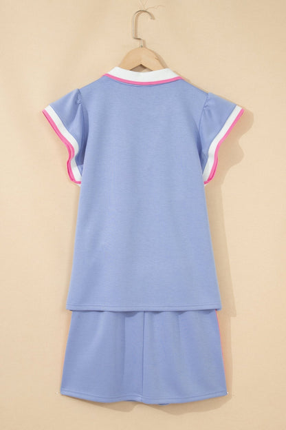Sky Blue Preppy Striped Trim V Neck Polo Tee Drawstring Skirt Set - Loving It Shop