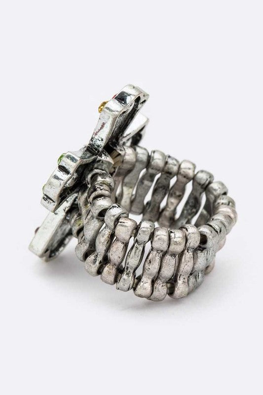 Stretch Ring with Crystal Cross and Fleur De Lis – Stylish Statement Jewelry