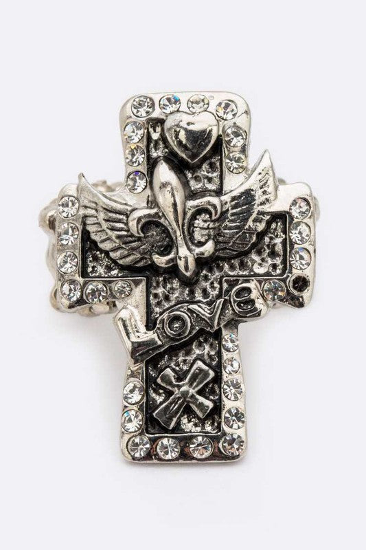 Stretch Ring with LOVE Cross and Fleur De Lis Stylish Fashion Jewelry Accessory
