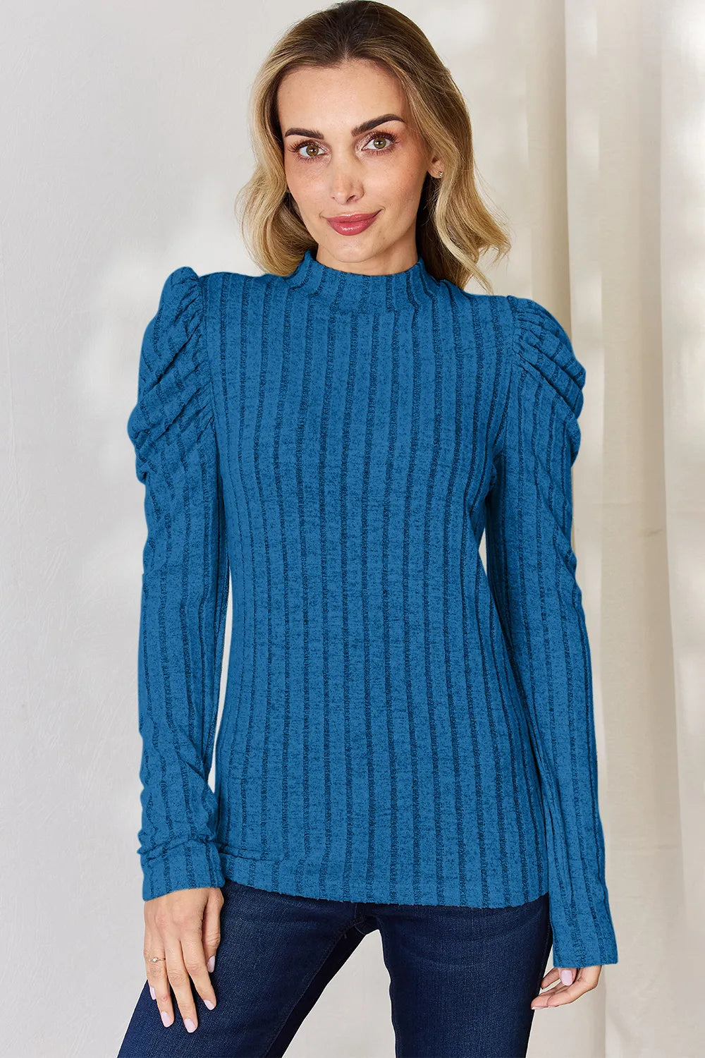 I am a Fashion junky Full Size Ribbed Mock Neck Puff Sleeve T-Shirt