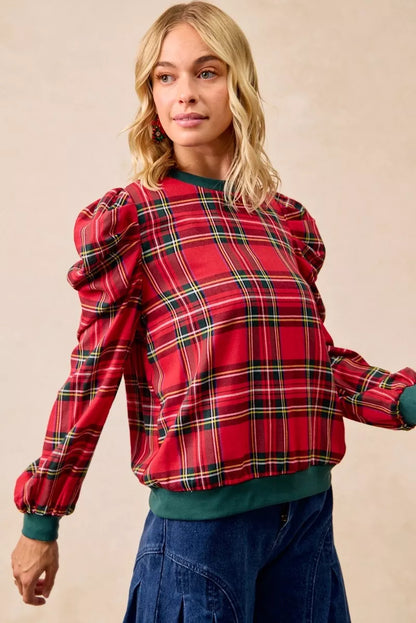 Christmas Plaid Exaggerated Shoulder Sleeves Top
