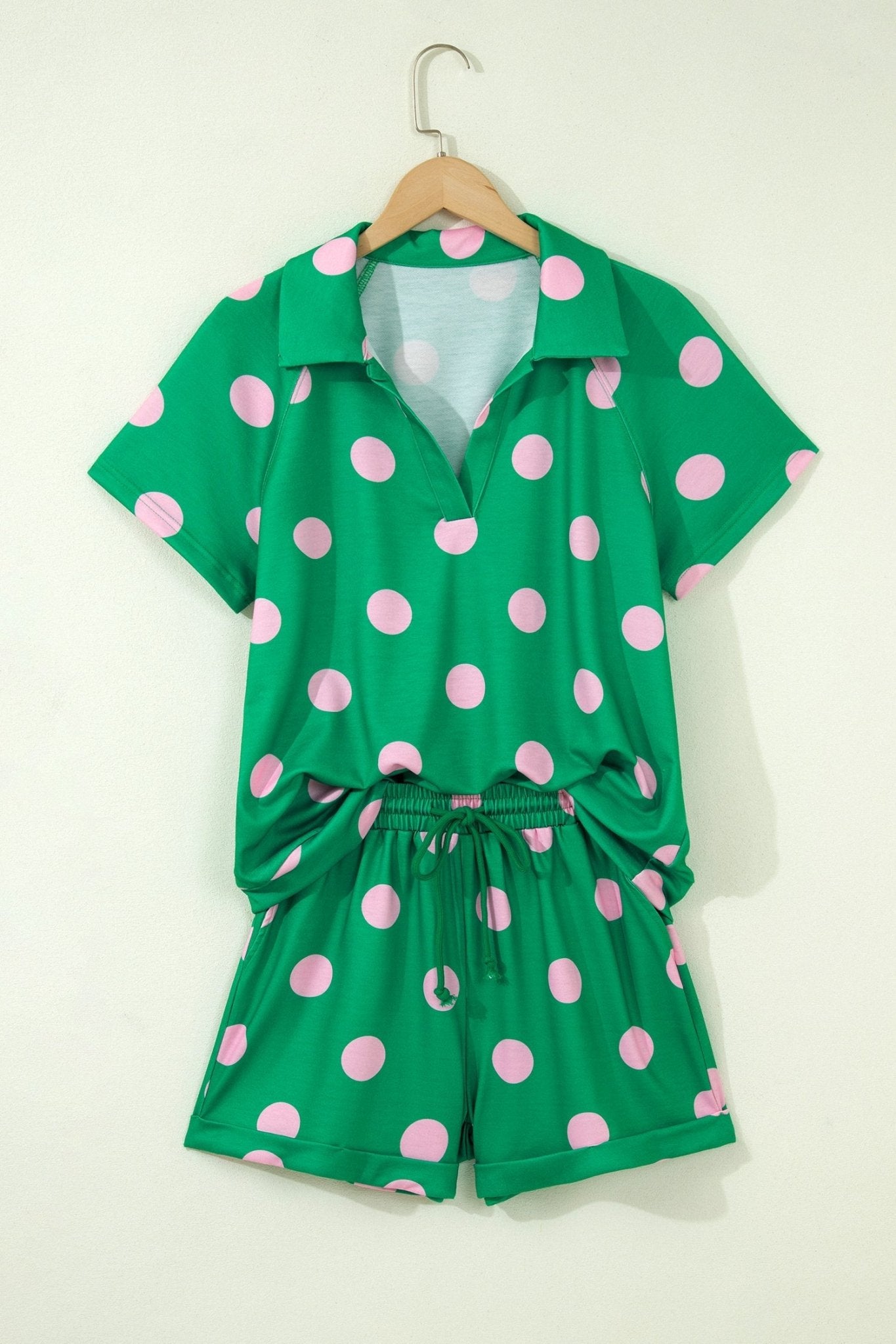 Green Polka Dot Print V Neck Tee Short Set - Loving It Shop