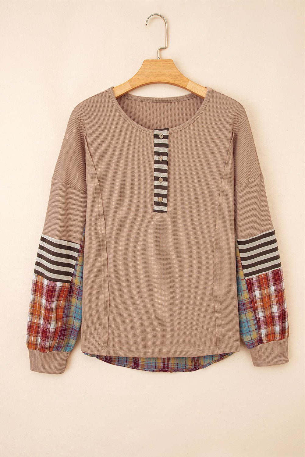 Straw Yellow Waffle Stripe Plaid Patchwork Henley Knit Top - Loving It Shop