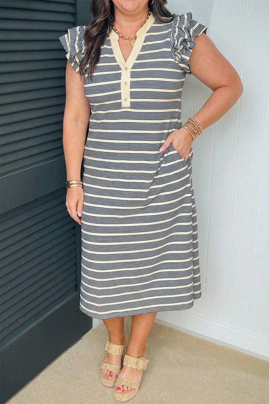 Blue Stripe Plus Size Contrast Trim Button V Neck Ruffle Sleeve Shift Dress - Loving It Shop