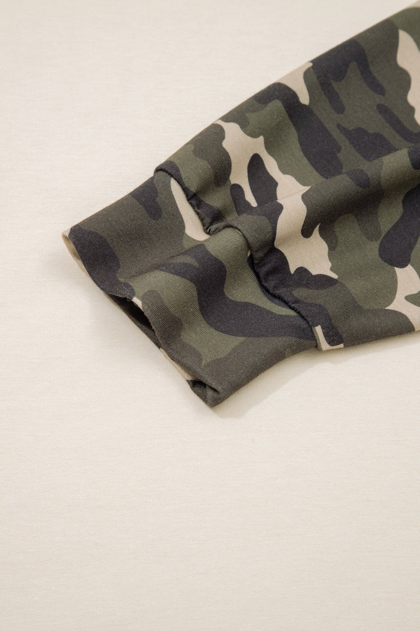 Apricot Camo Print Patchwork Sleeve Raw Hem Plus Size Sweatshirt
