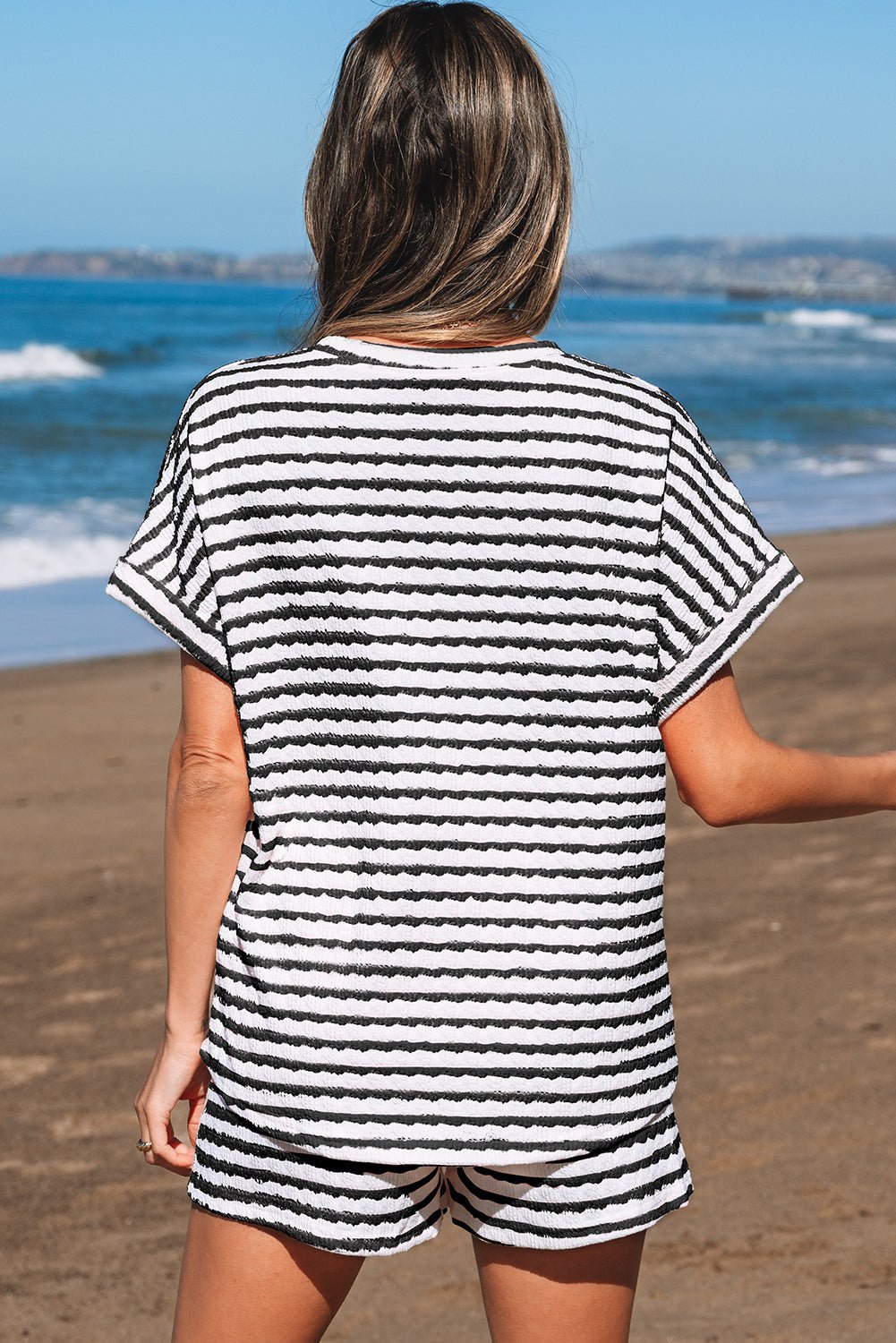 Black Stripe Knitted Short Sleeve Top and Drawstring Shorts Set - Loving It Shop