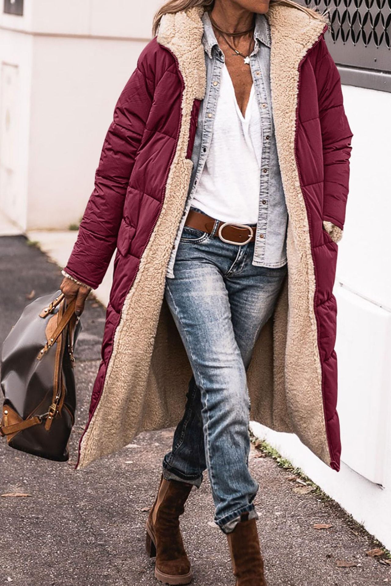 Solid Color Hooded Long Coat Winter Long Sleeve Double-sided Wear Slim Elegant Cardigan Jacket Top Women&