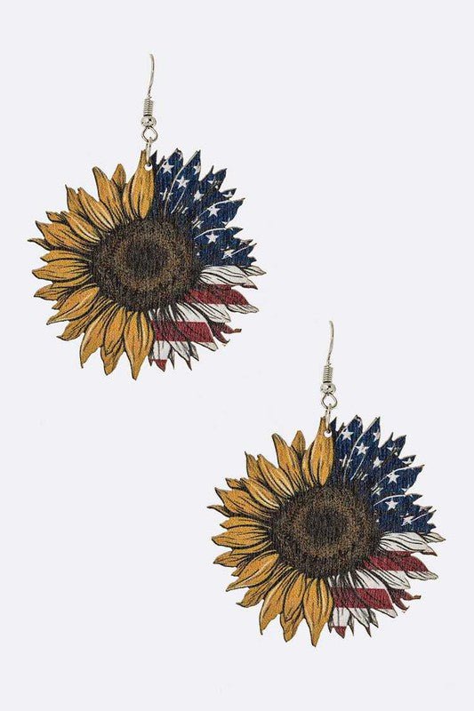 Flag Print Sunflower Wooden Earrings - Loving It Shop