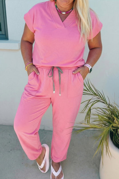 Bonbon Solid V-Neck Tee and Drawstring Plus Size Pants Set