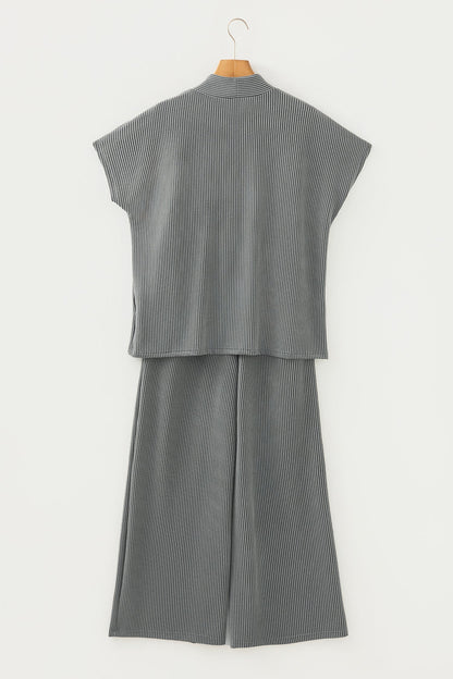 Dark Grey Twisted Ribbed High Neck Loose Tee Elastic High Waist Loose Pant Set