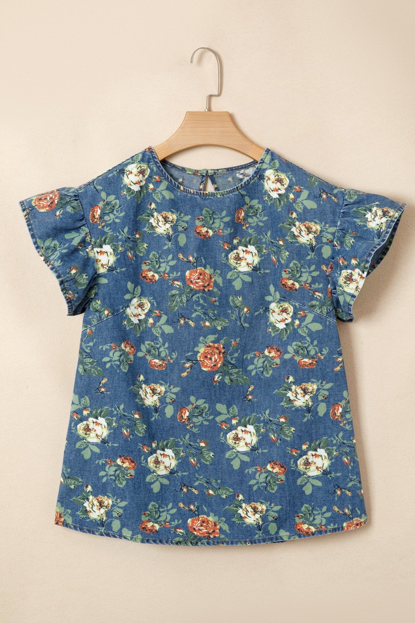Ashleigh Blue Ruffled Short Sleeve Floral Denim Top - Loving It Shop