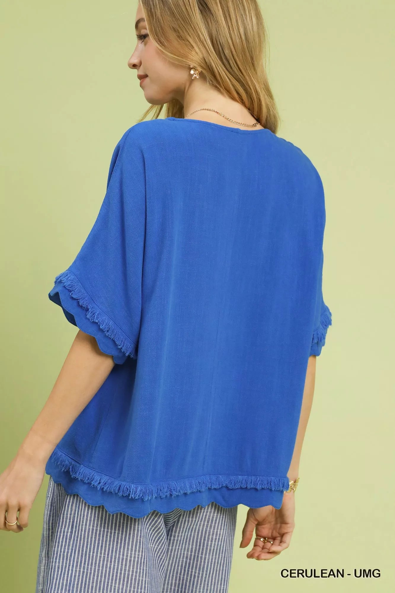 Linen Frayed Hem Scallop Edge Top