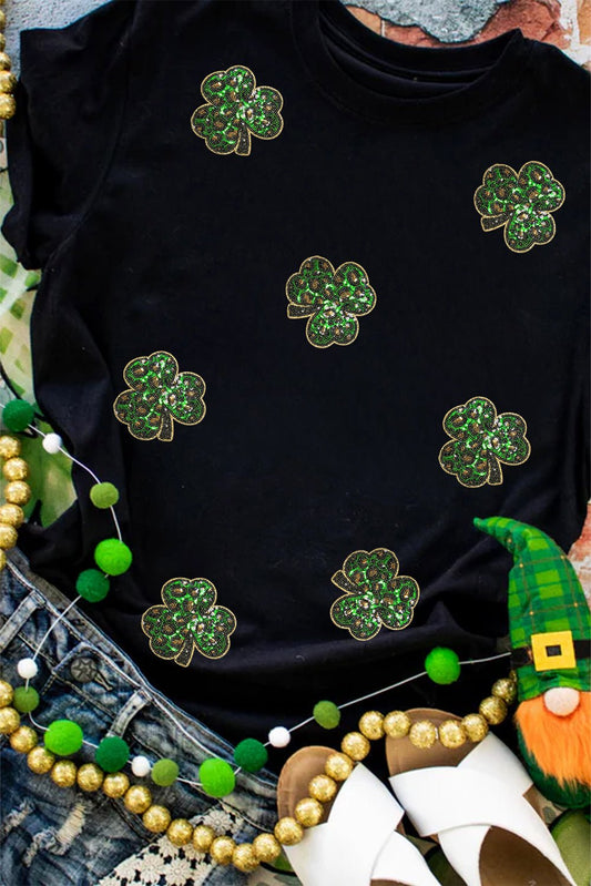 Black Sequin Leopard Clover Graphic Crewneck St Patrick Tee - Loving It Shop