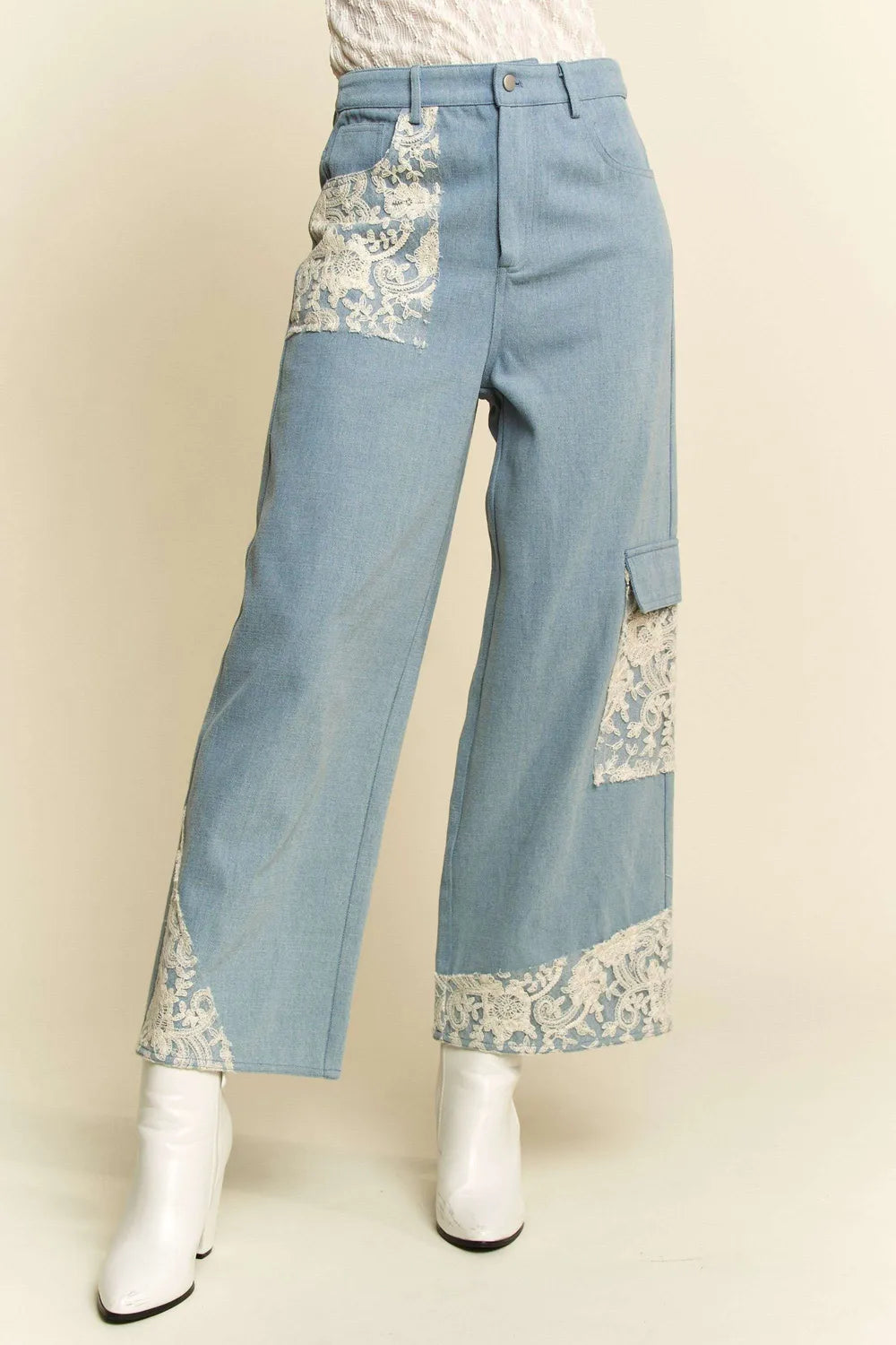 Davi &amp; Dani Lace Applique Wide Leg Jeans