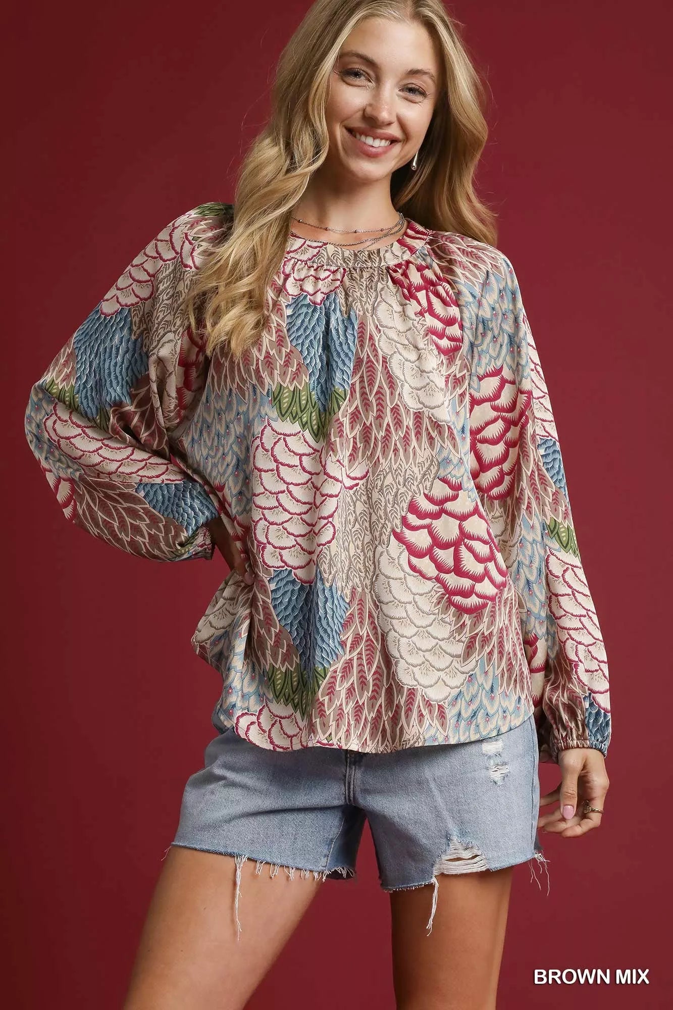 Boho Feather Print Peasant Blouse