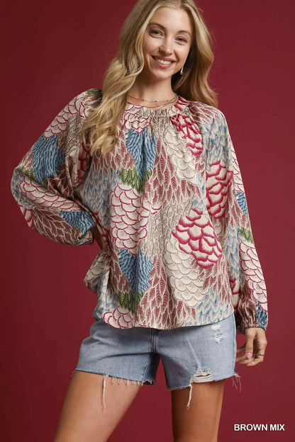 Boho Feather Print Peasant Blouse