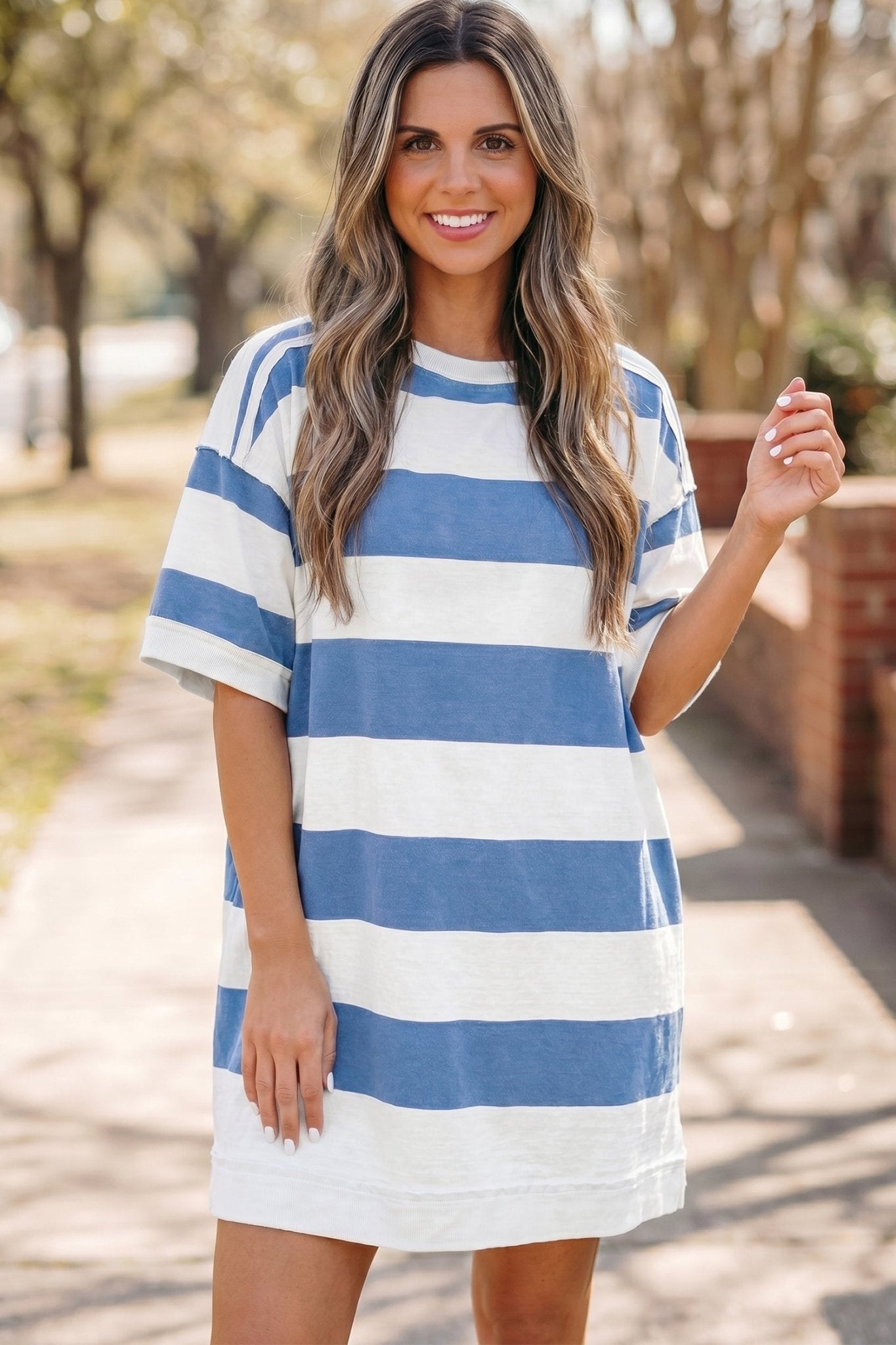 Blue Stripe Raw Seam Shoulder Detail Casual Tee Dress - Loving It Shop