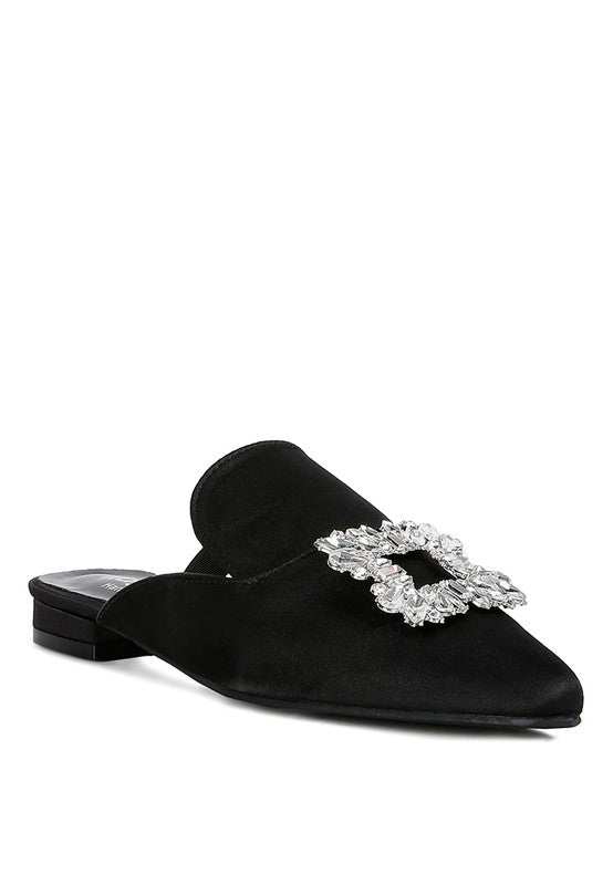 PERRINE Diamante Jewel Satin Mules in Black