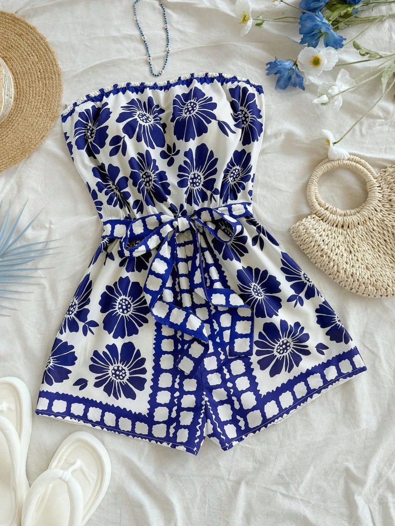 Printed Tube Tie Waist Romper