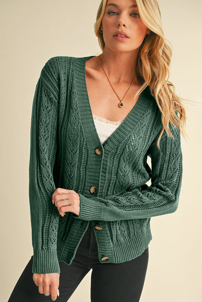 Dark Khaki Hollow Knit Drop Shoulder Cardigan