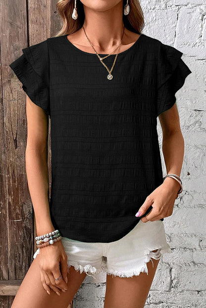 Dark Green Ruffle Sleeve Textured Smocked Blouse