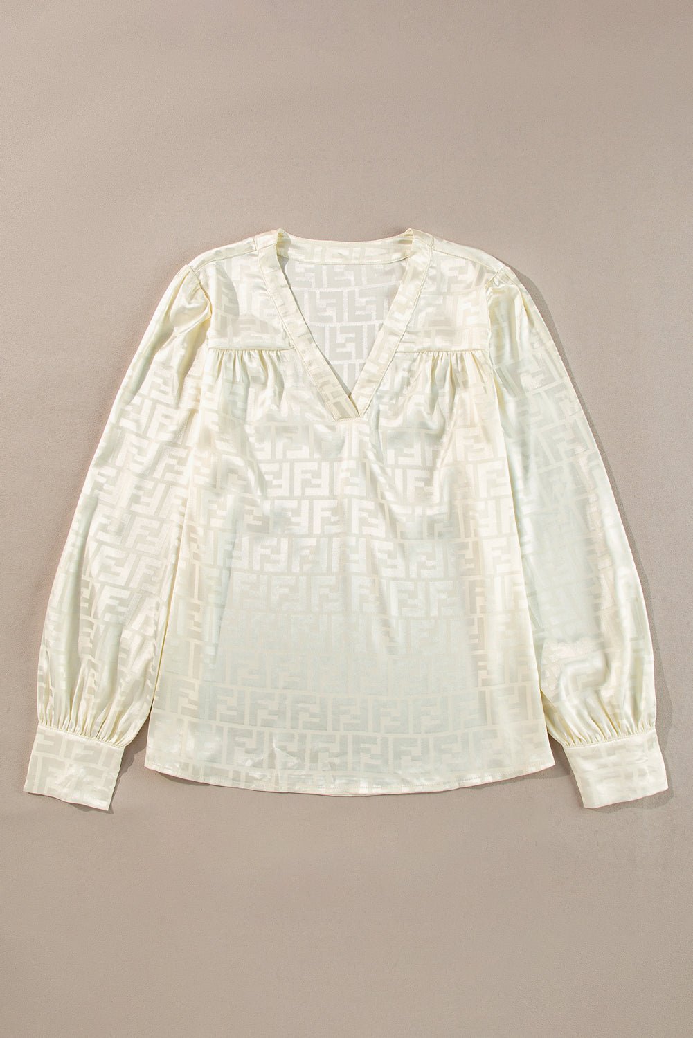 Oatmeal Geometric Jacquard V Neck Bishop Sleeve Blouse - Loving It Shop