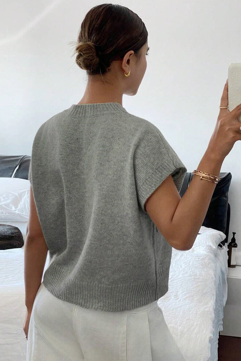 High Flower Pattern Ribbed Trim Short Sleeve Boxy Sweater