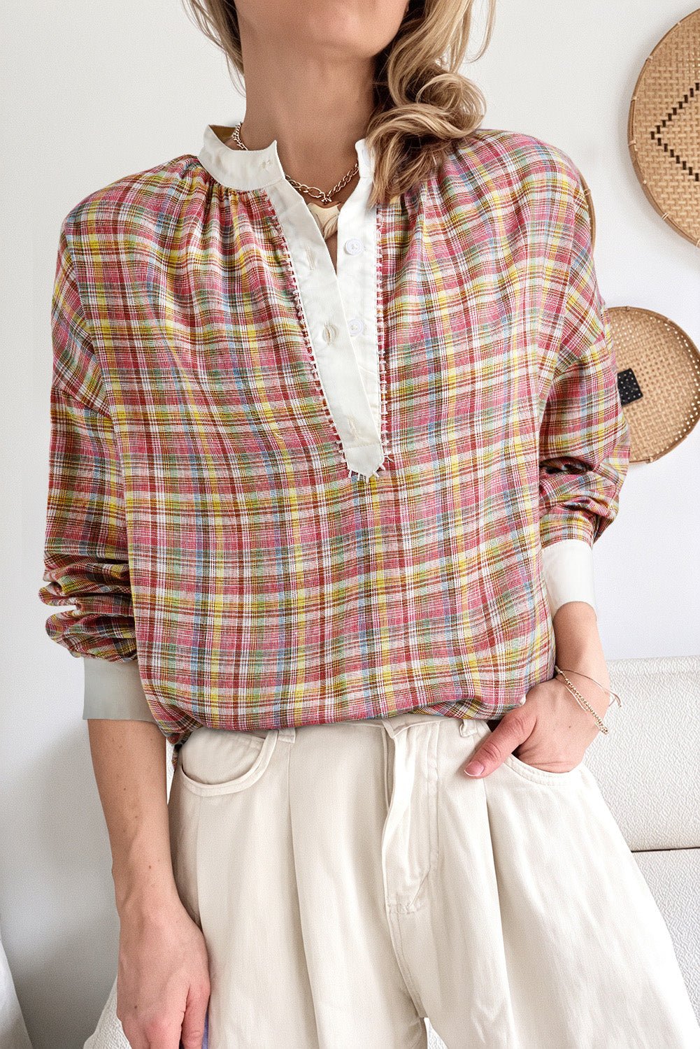 Pink Colorblock Plaid Patchwork Henley Blouse - Loving It Shop