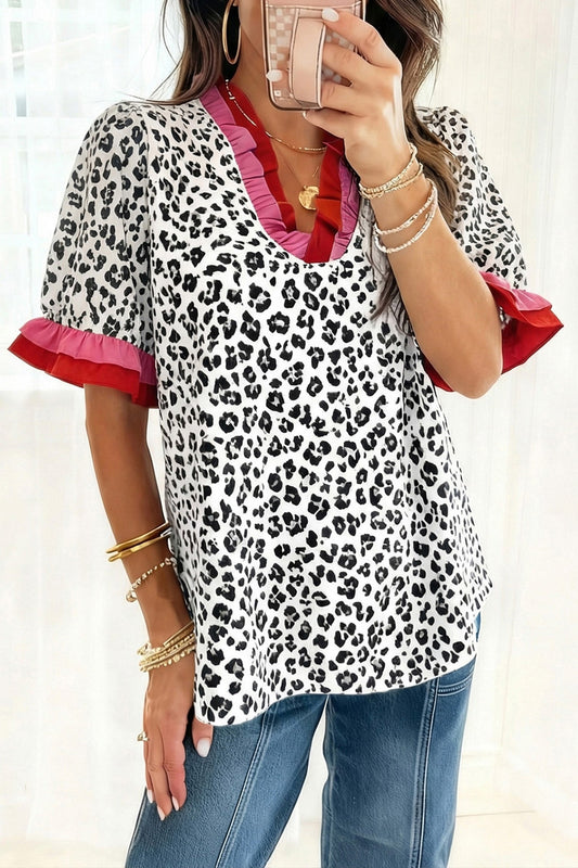 Gray Ruffled Trim V Neck Leopard Print Short Sleeve Blouse