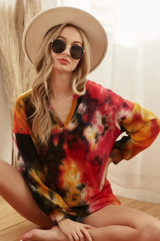 Tie Dye Brushed Waffle Top With Bubble Sleeves